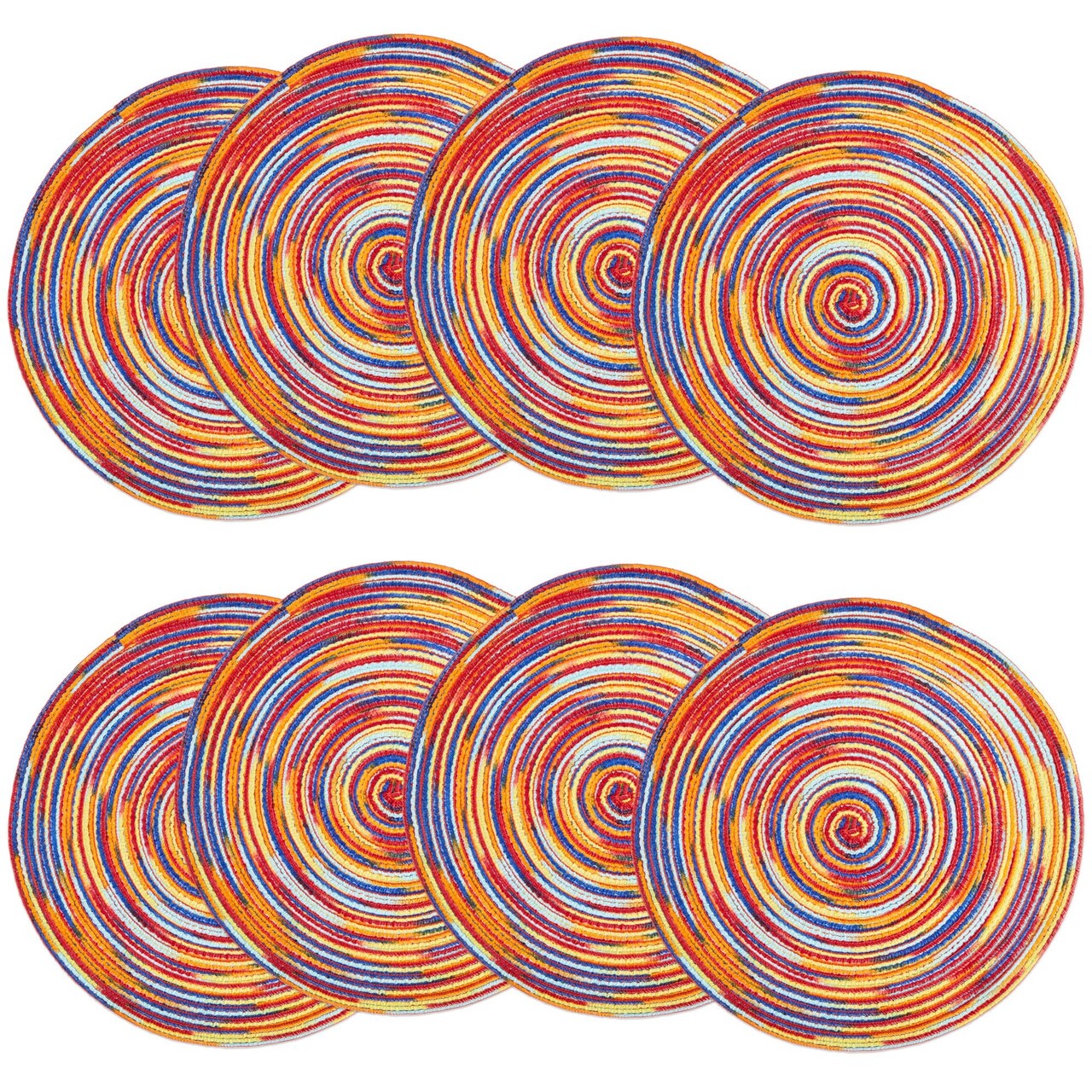 Colorful Round Placemats Set of 8, Braided Rainbow Table Mats for Kitchen Dining (15 in)